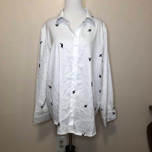 Sunebine Casual Long Sleeve White Button Down Shirt w/ Printed Black Birds (XL)